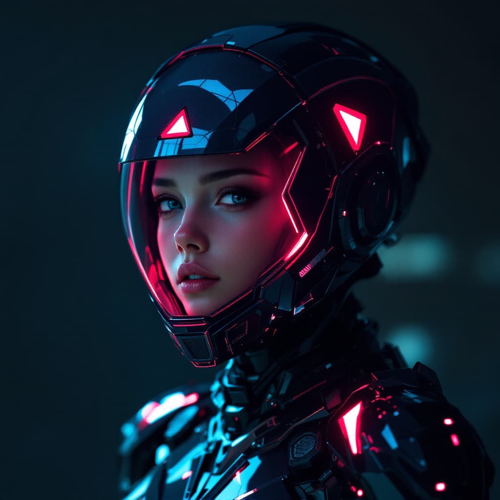 AI generated: Cute futuristic cyborg girl featuring a captivating reflective cybernetic helmet adorned with glowin...