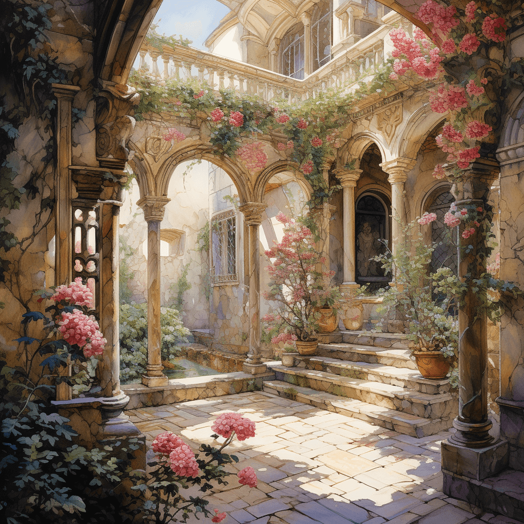 AI generated: Overgrown blooming flower, garden, Italian ornate courtyard, Watercolor, trending on artstation, sha...