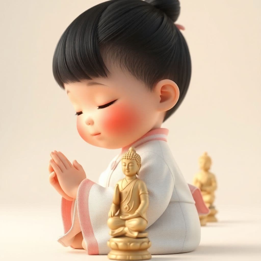 AI generated: whimsical Realistic of Pixar,Bryce 3D,side-view,a kawaii, chubby-cheeked Asian baby girl kneeling in...