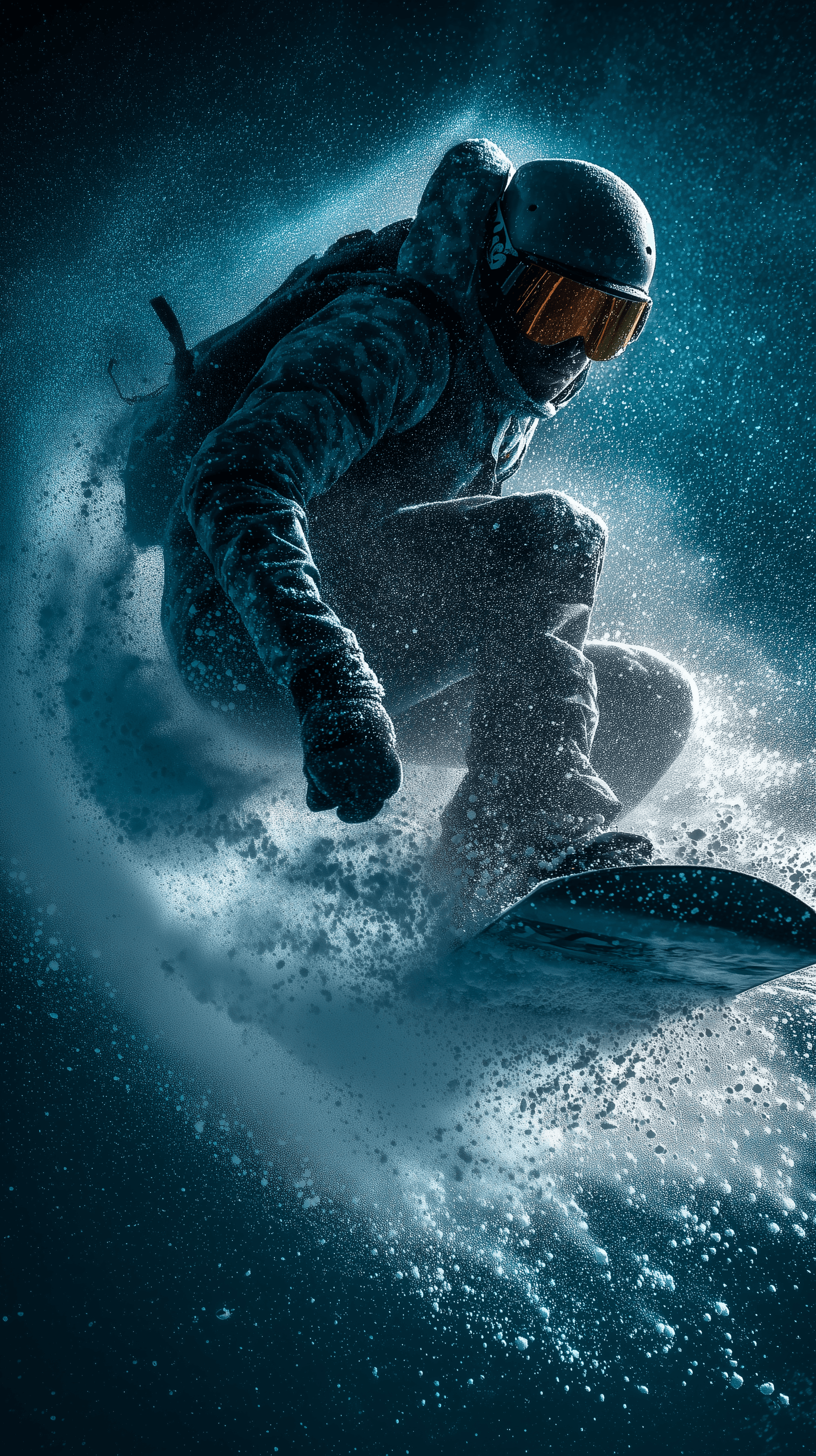 AI generated: dynamic action photography, snowboarder, cork spin frozen mid-air, fragments into splatter paint fla...