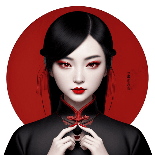 AI generated: Chinese ink style portrait of Chinese photographer Zhang Jingna, wearing a black dress and red lipst...
