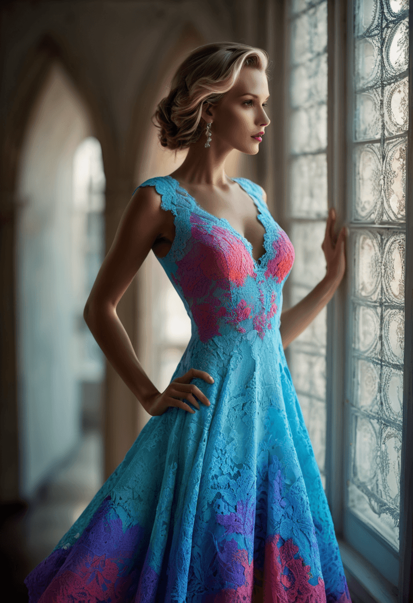 AI generated: vivid colors, woman, highly detailed lace dress, form fitting dress, revealing dress, colorful dress...