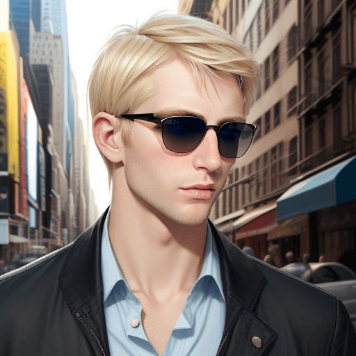 AI generated:  a blonde man with short hair, blue eyes, upper body, his nose from Toucan bird, detailed skin, back...
