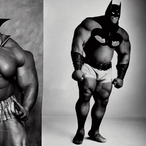 AI generated: photo of a beautiful big African American Man with big burly muscles lying next to batman holding a ...