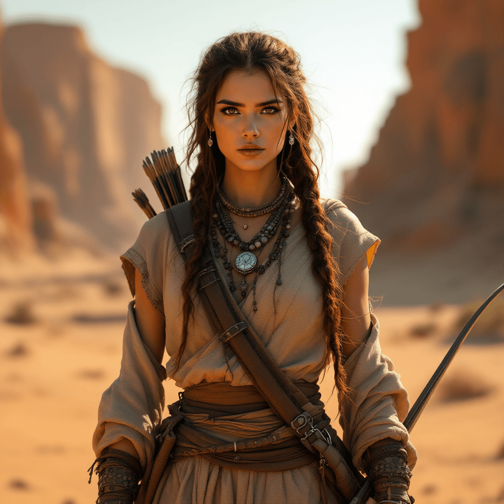 AI generated: The Desert Nomad: A resilient warrior with long, dark auburn hair, often styled in loose braids and ...