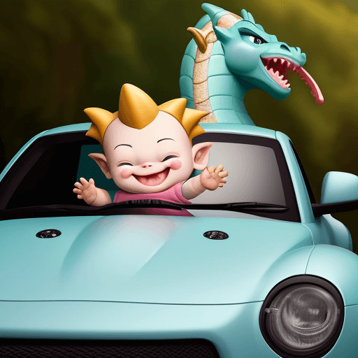AI generated: baby happy cartoon dragon on a happy car

