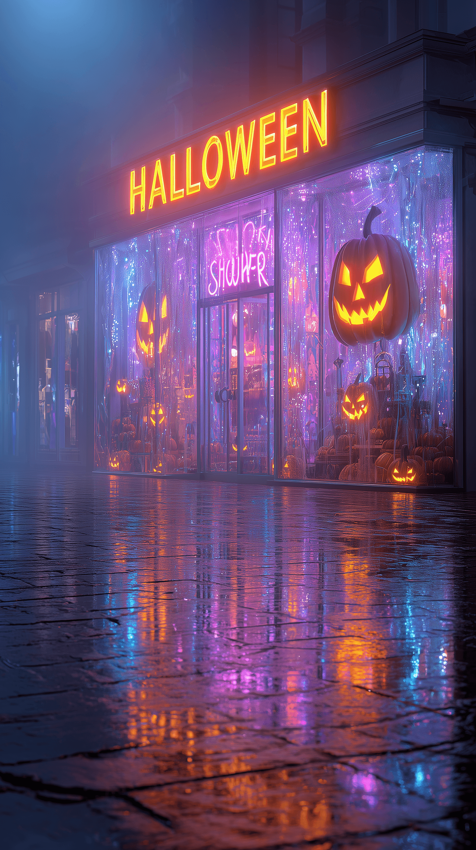 AI generated: night storefront glass design, halloween season small shop, featuring fanged pumpkin, neon lettering...