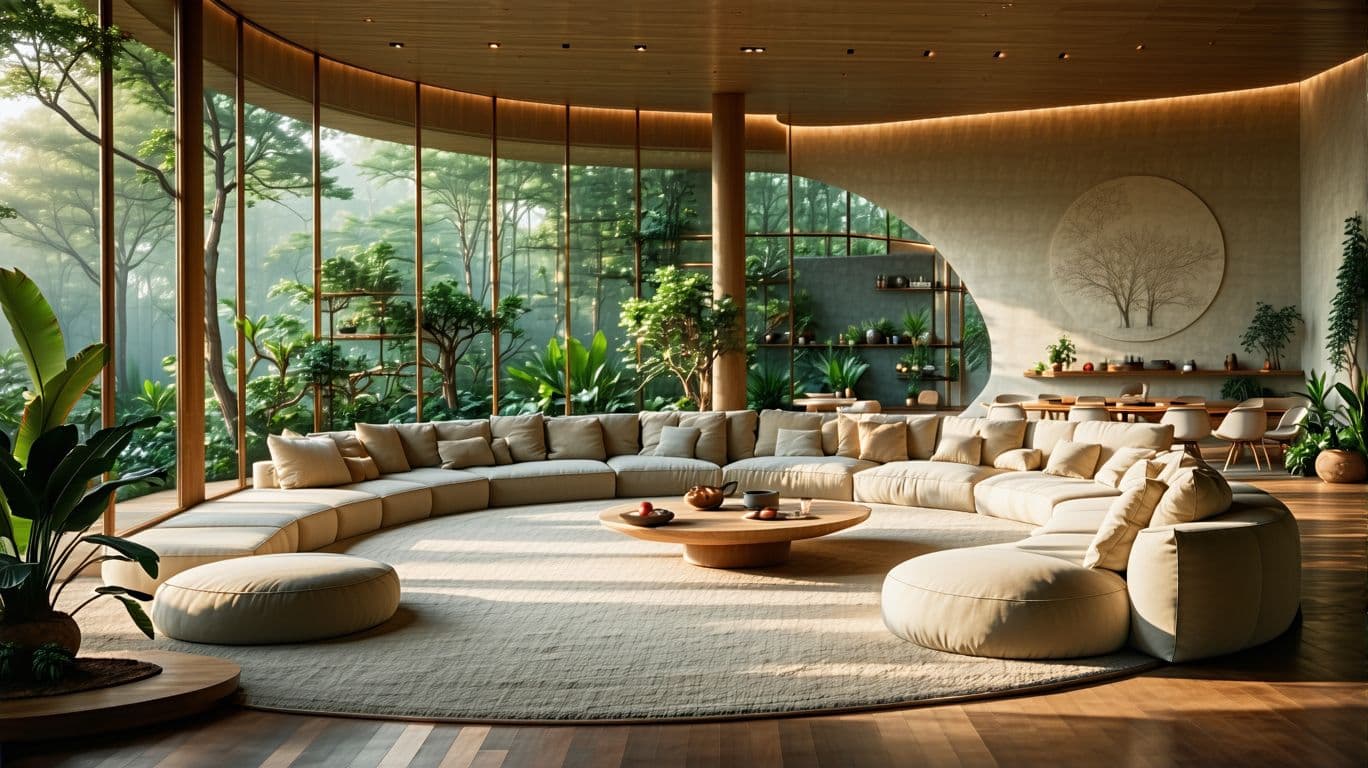 AI generated: high resolution photography interior design, dreamy sunken living room conversation pit, wooden floo...