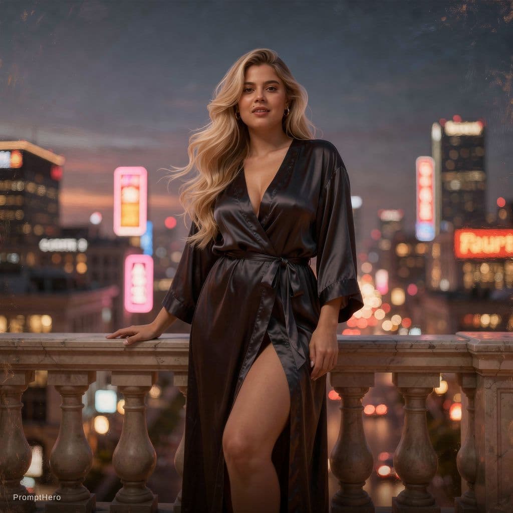 AI generated: A blonde woman with long, softly waved hair cascading over her shoulders stands in a silk robe loose...