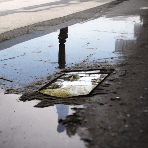 AI generated: A wedding photograph ripped in half and discarded in a puddle on the ground. Puddle reflecting a man...