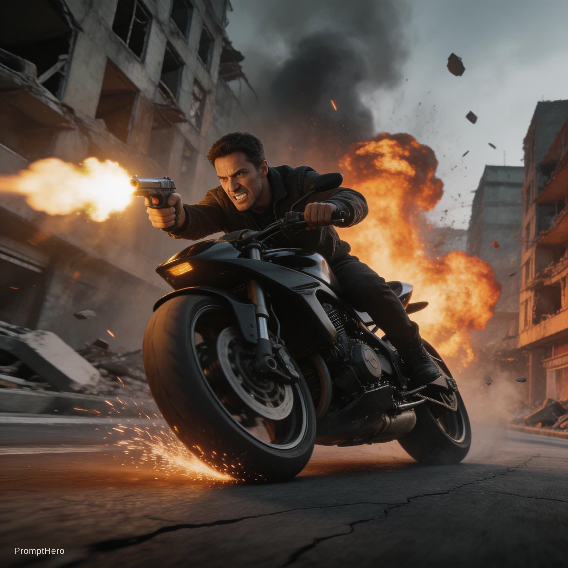 AI generated: Start with a close-up on the man's determined face as he fires the gun, muzzle flash illuminating hi...