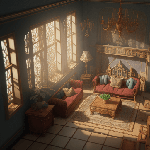 AI generated: high quality miniature isometric render of a common room in a house, 8k, future house, frendly house...