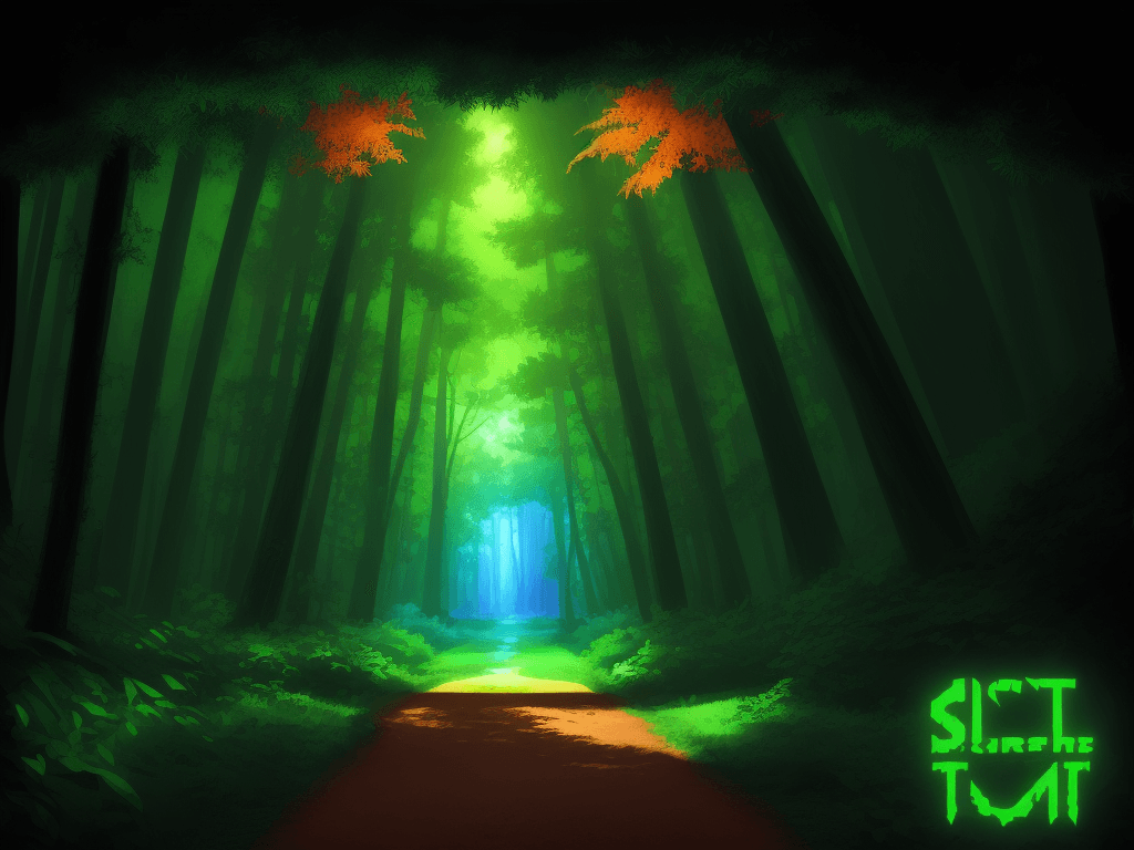 AI generated: Illustration of A entrance forest. 80s theme, video game theme, Split-complementary colors, Bicolore...