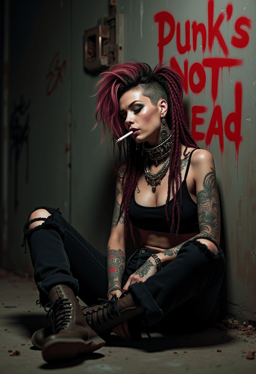 AI generated: a slender punk female sitting reclined against the wall of a dark street savoring a short cigarette,...