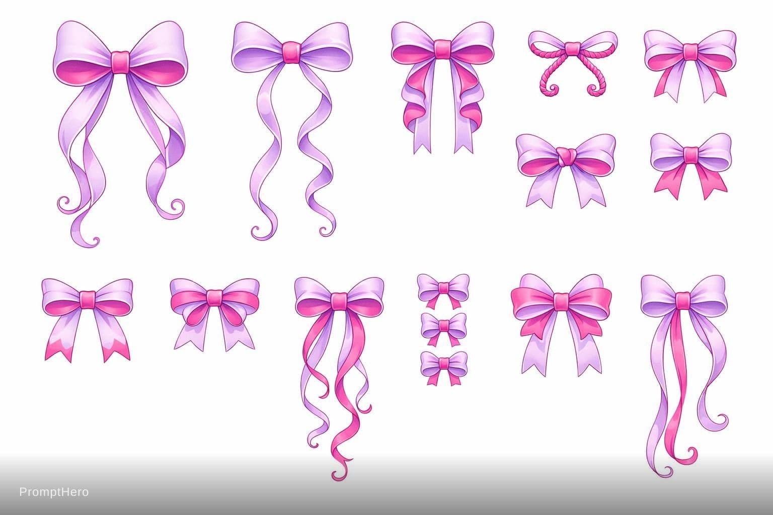 AI generated: Premium coquette bows clipart, 10 unique designs on pure white, thin detailed linework + soft fills ...