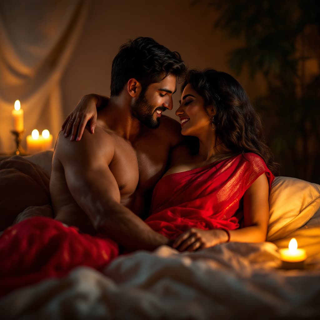 AI generated: Generate an intimate portrait of a couple embracing passionately in a candlelit bedroom. The woman w...