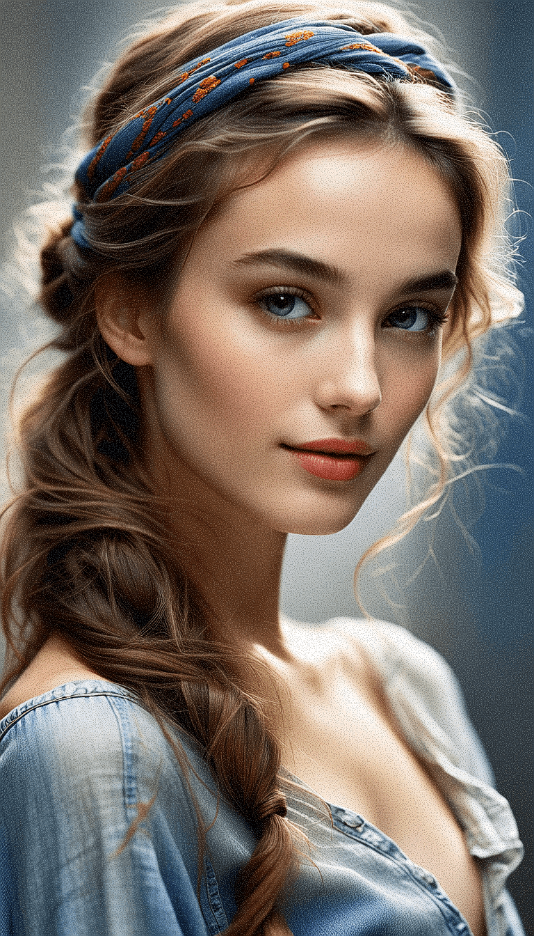 AI generated:  portrait of a young woman with a serene expression and delicate features. Her light brown hair is s...