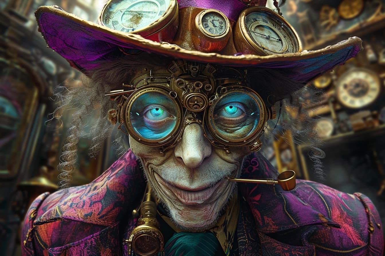 AI generated: Steampunk Wille Wonka, raw colors, chipotized, Tim Burton style, photo-realistic, intricate details ...