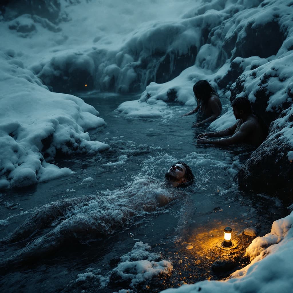 AI generated: Photo style, heavy snow, hot springs, small waterfalls, very dark night, strong winds, a dead person...