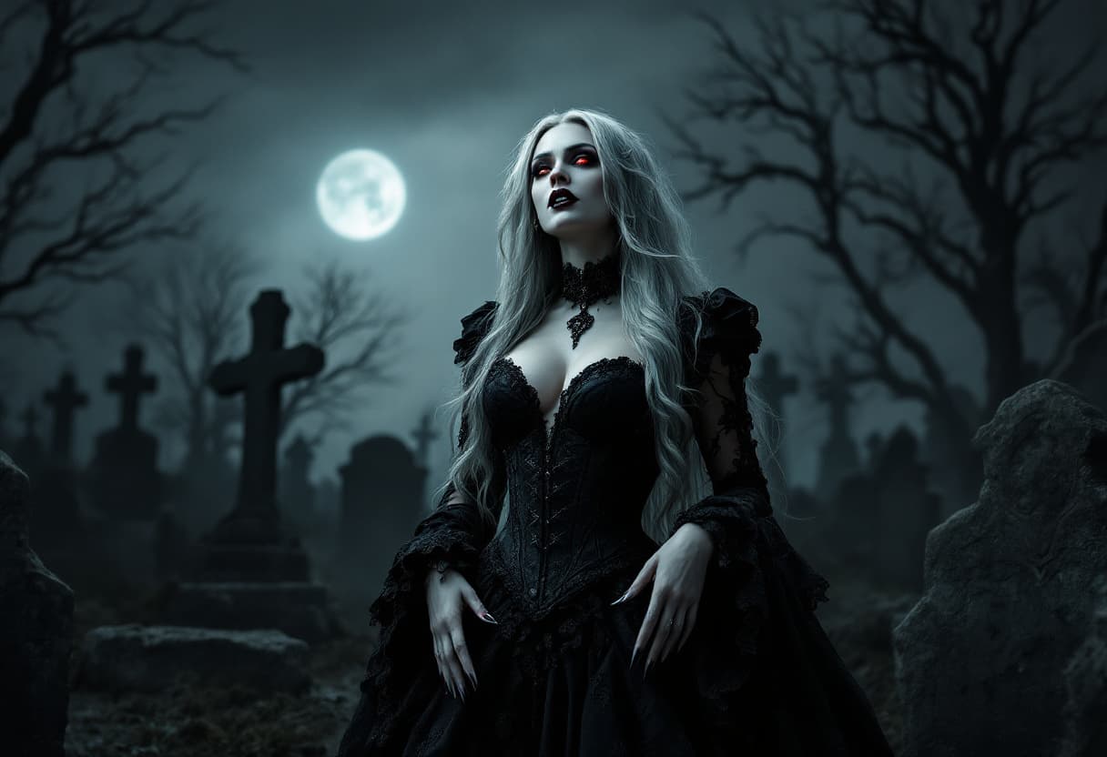 AI generated: A female figure stands in the midst of a dark, gothic environment, characterized by gravestones on a...