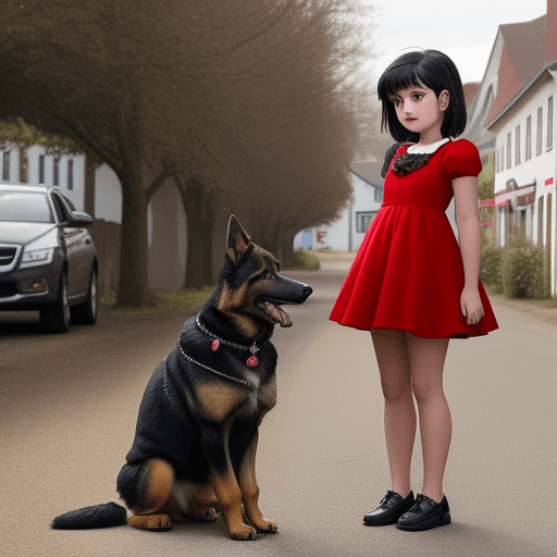 AI generated: A german shepherd dog stands on a street in a rural town. Next to the dog is a two-year old girl wit...