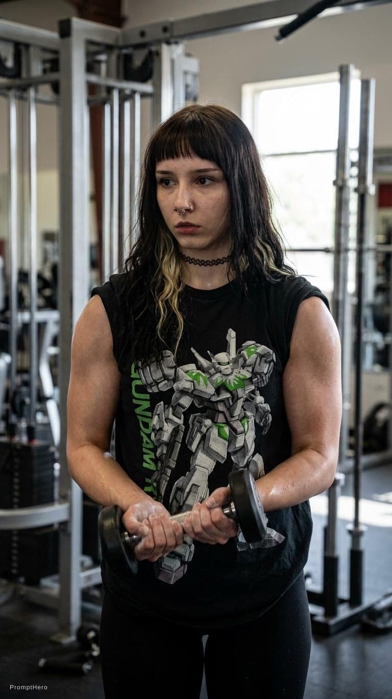 AI generated: make her stay at the gym all the time, have a body type curvy and make sure there is one photo of on...