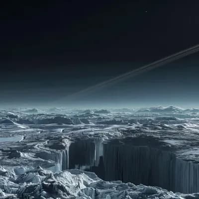 AI generated video: Wide angle view of an Icy planet, the camera quickly moves long the surface 