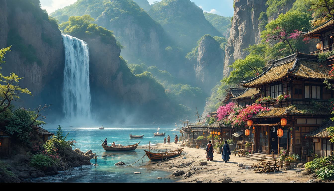 AI generated:  A dreamlike feudal Japanese fishing village scene unfolds on a rugged sea coast, where a vibrant wa...