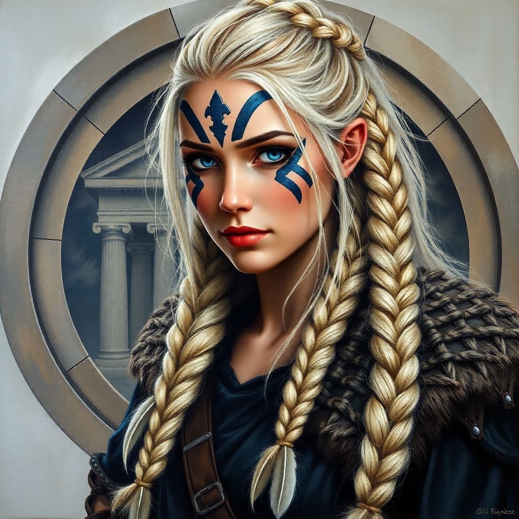 AI generated:  Full body acrylic oil painting of a female Viking warrior with braided hair. War paint on her face....