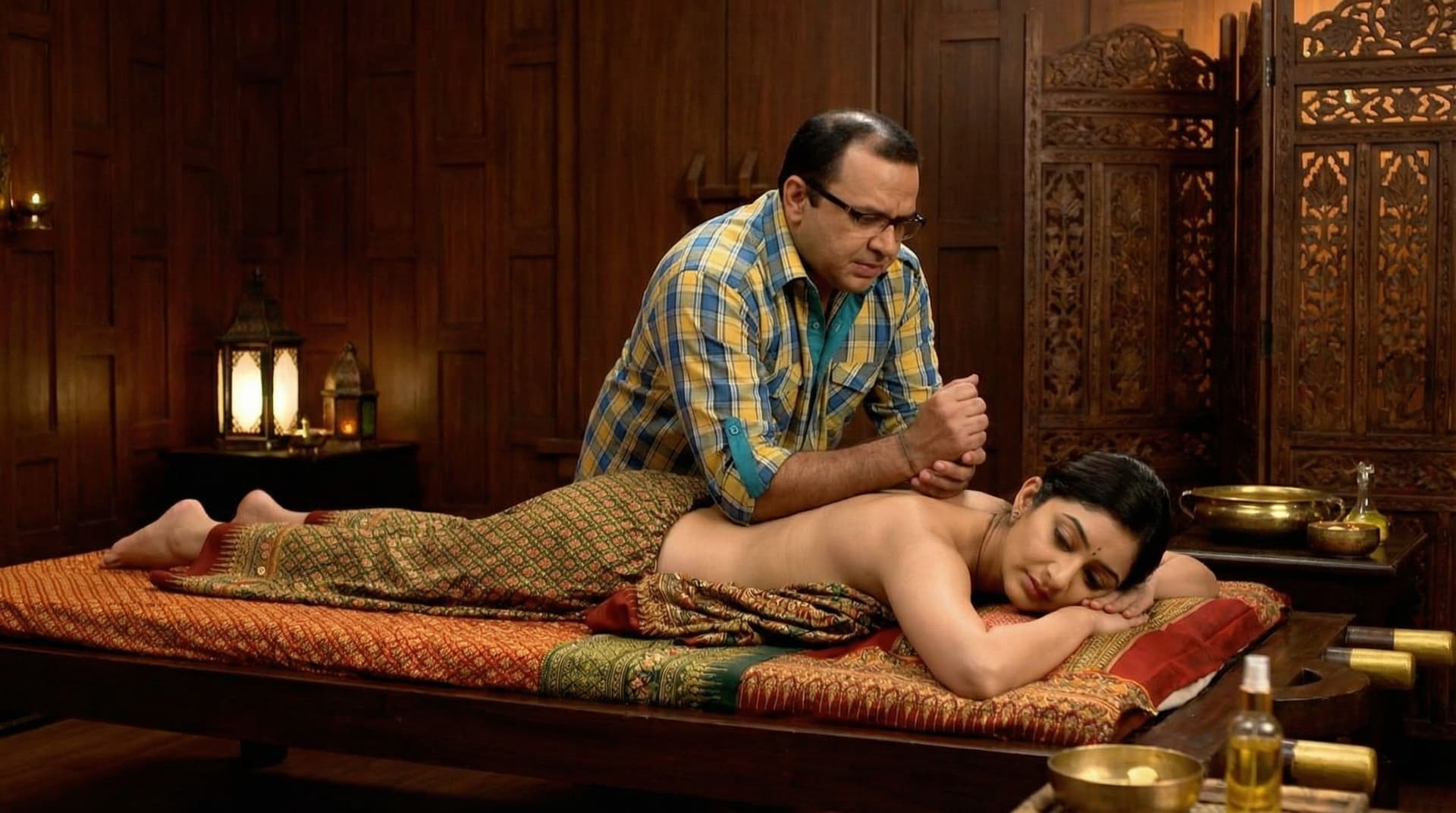 AI generated: thai massage  indian man giving a massage to a woman lying on a massage bed. Realistic pictures with...