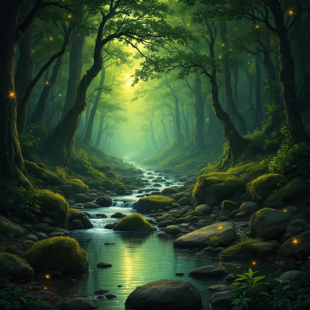 AI generated: Forest,amazing,river,wonderland,Green light,firefly