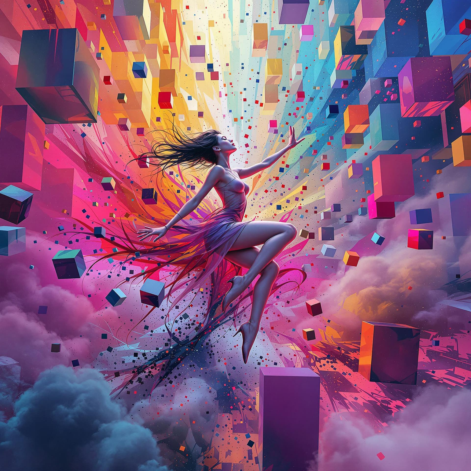 AI generated: minimalistic electro music album cover, perfect cubes, hyper detailsabstract dancing girl, colorful,...
