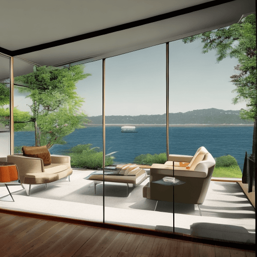 AI generated: Hyper realistic eye level exterior photo of a mid century modern style house overlooking the ocean, ...