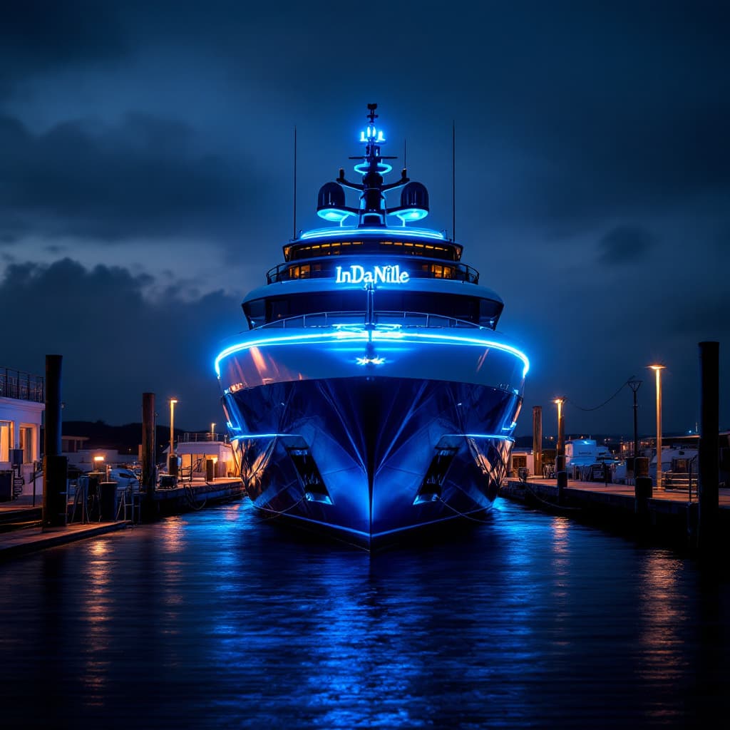 AI generated: a close up standing on a dock view  of a super yacht backed into a slip  at night with all of their ...