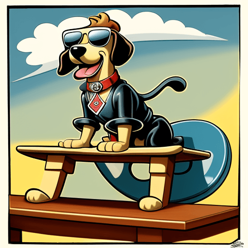 AI generated: Dog with sunglasses whistling with a table surf, 1930's cartoon, style rubber hose