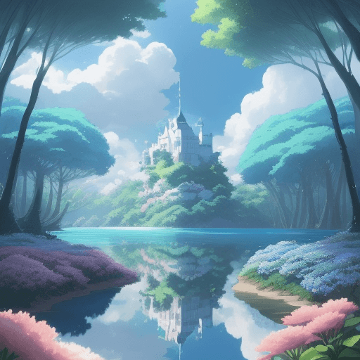 AI generated: clouds, blue skuy like mirror,there is forest with big trees,cute nutrue themed illustration,a girl ...