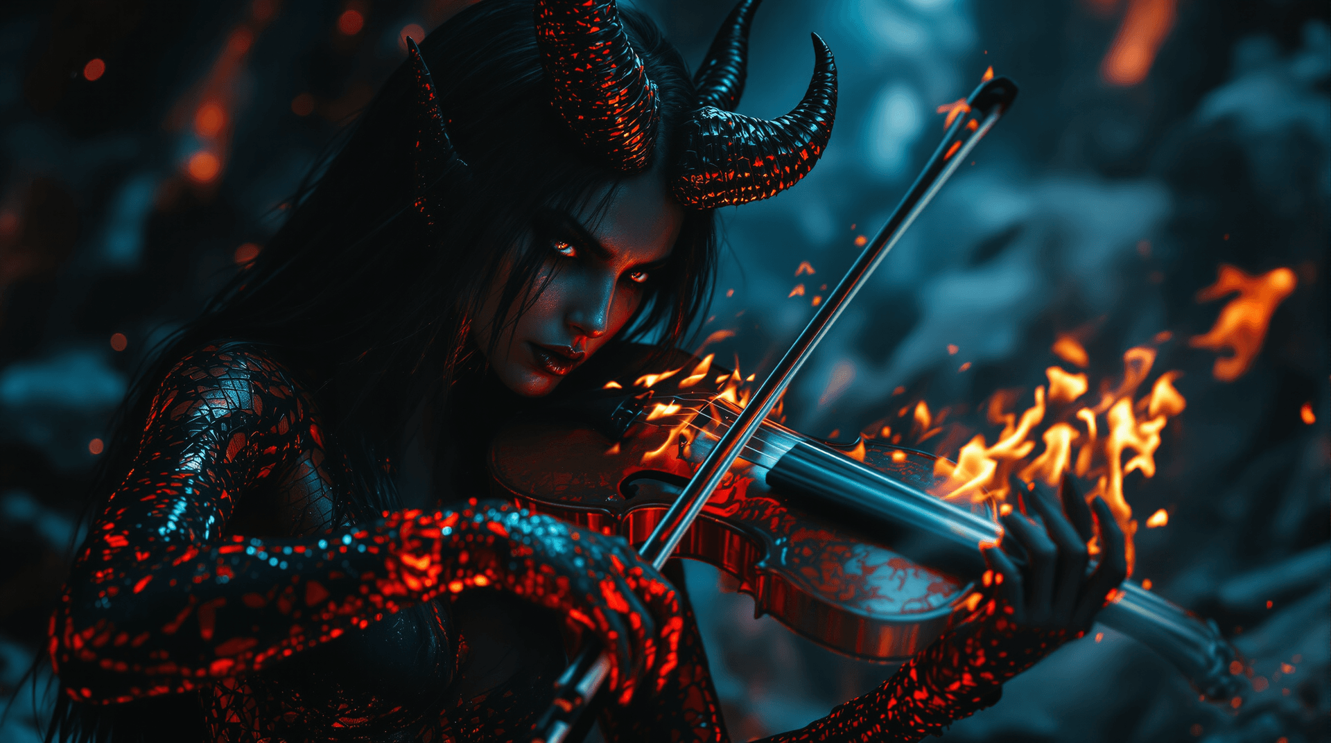 AI generated: A centered shot focusing on the demonic musician's face on the violin fingerboard, reminiscent of Be...