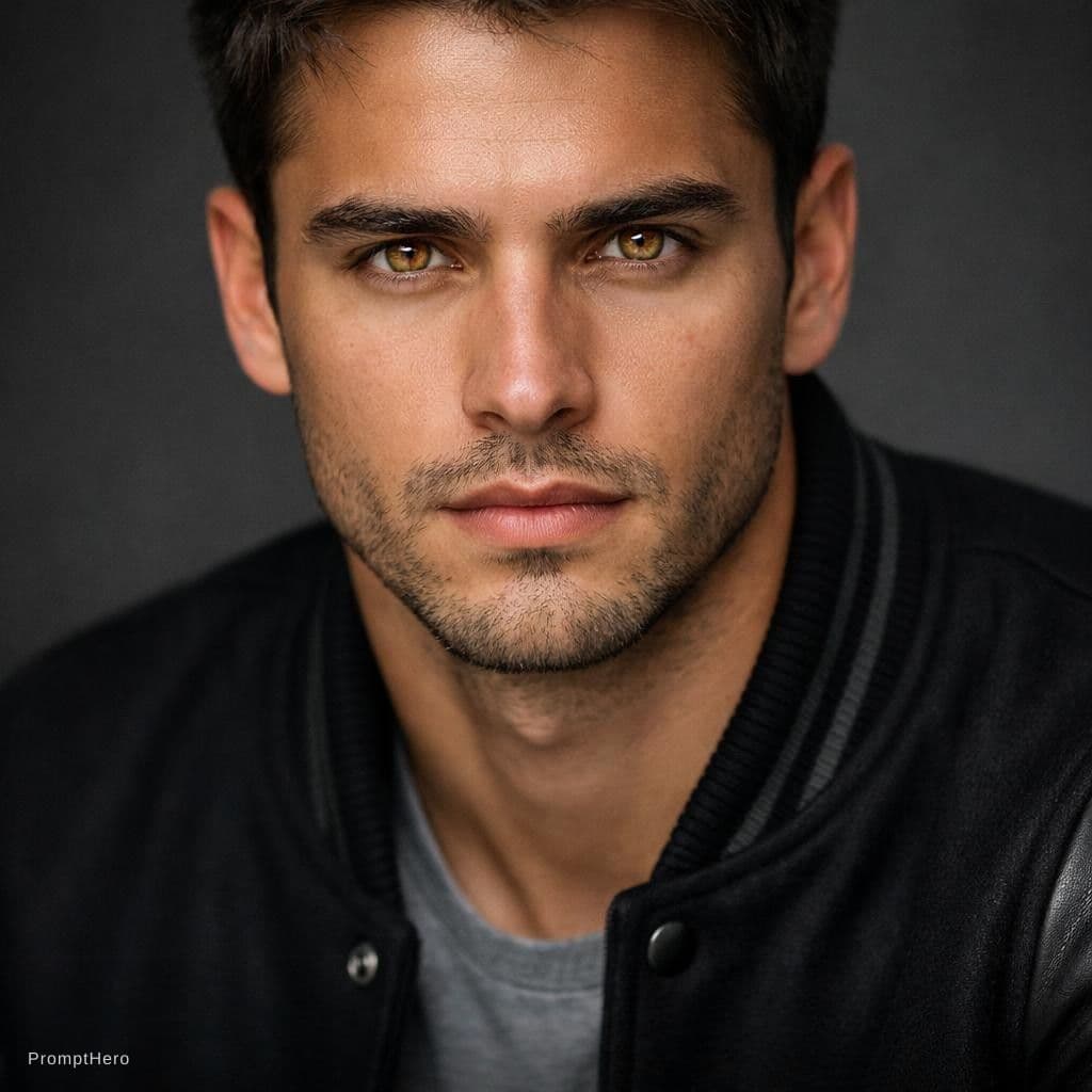 AI generated: A fit 24-year-old man with honey-colored eyes, wearing a black college jacket, a gray T-shirt, and d...