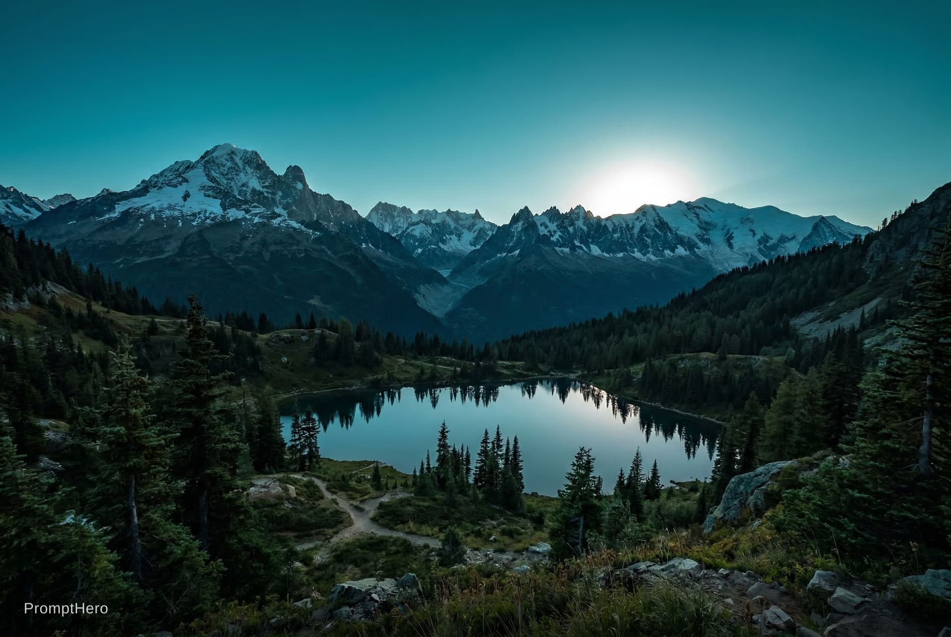 AI generated: a scenic landscape with tall mountains and trees but the sky has a more teal color  with no clouds a...
