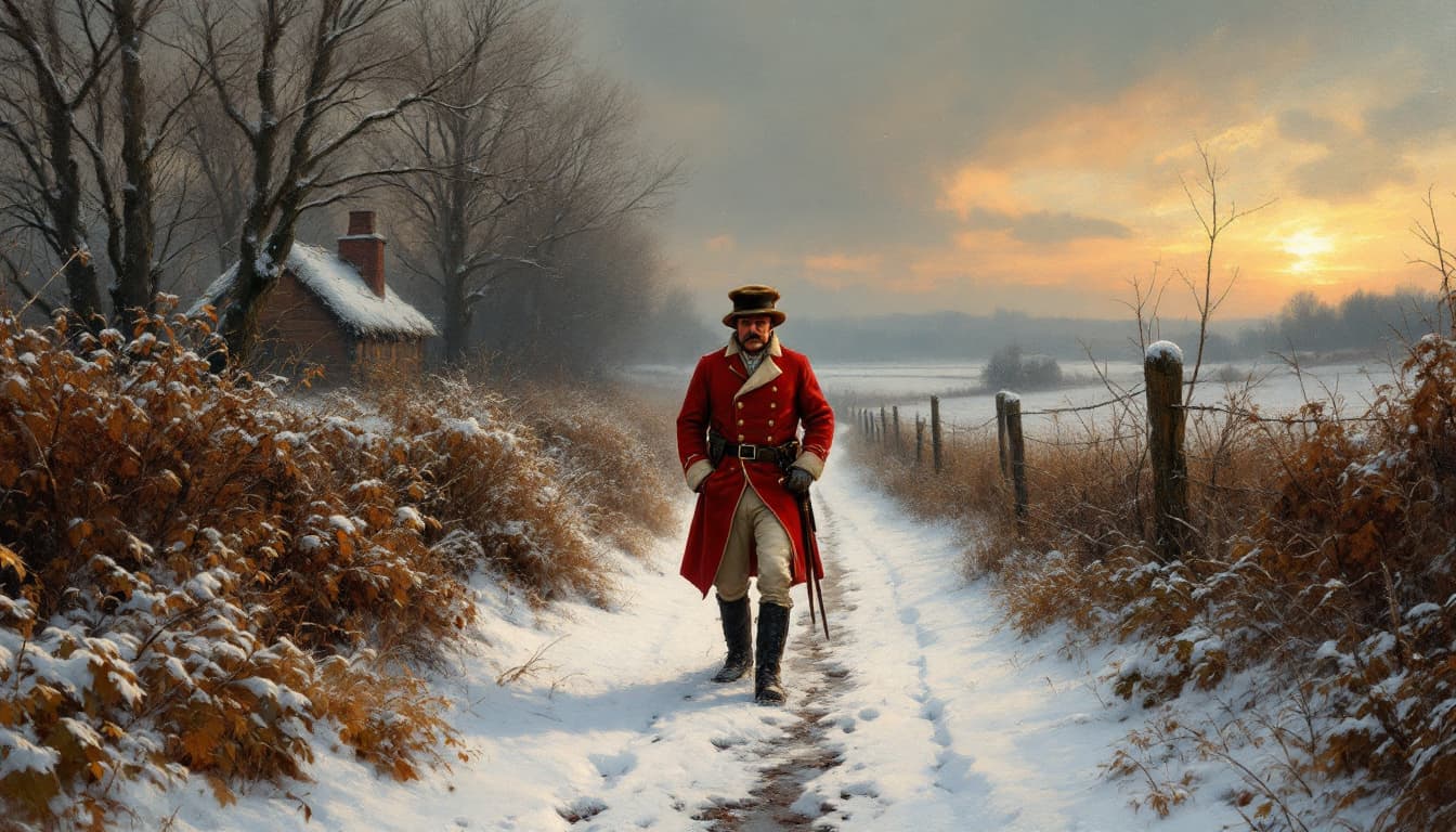 AI generated: rural winter scene, snow,  a weary 19th century British soldier returning home on a narrow path, red...