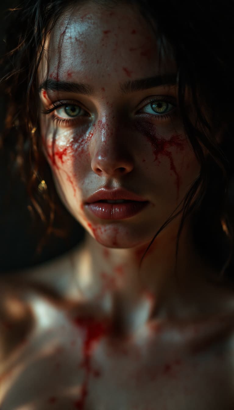 AI generated: high-resolution photograph, woman, ugly scar in the face, exposed body,  stunning use of shadows, in...