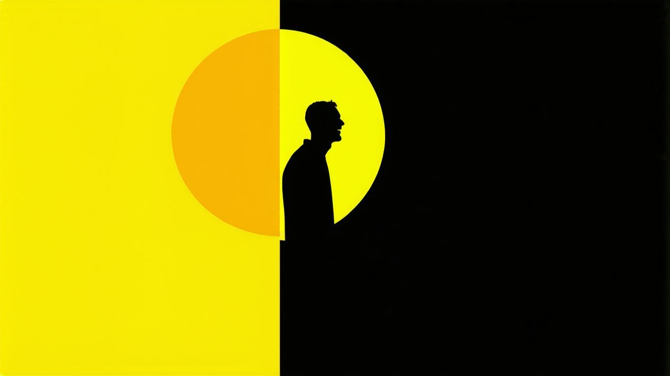 AI generated: Half the screen is day, and half is night. Where it's summer, a man is smiling. Where it's night, a ...