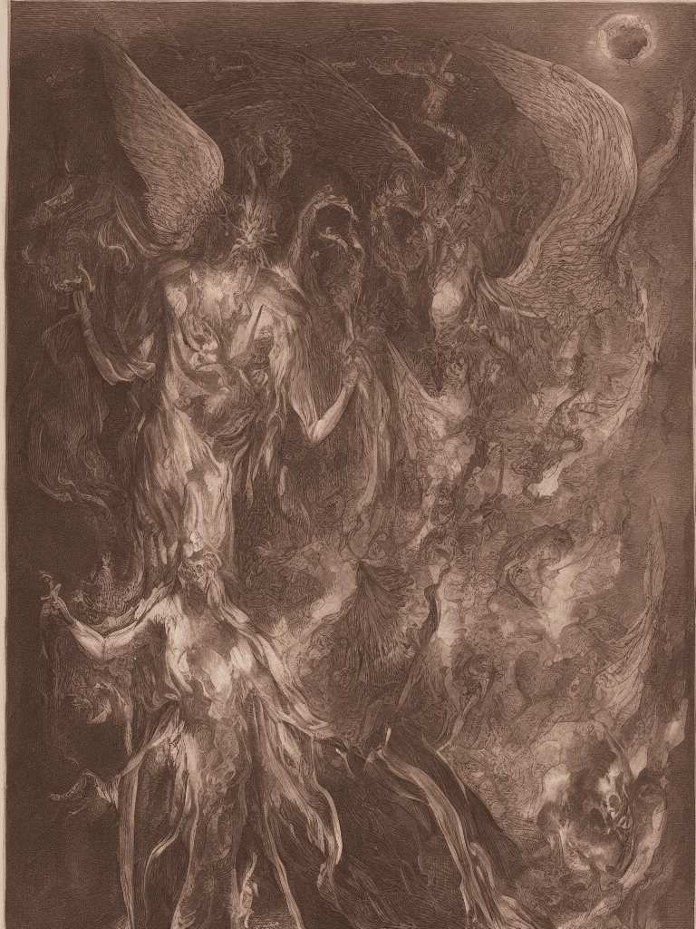AI generated:  A mysterious demonic/angelic apostle figure, with horns and  huge demon wings sitting on a throne, ...