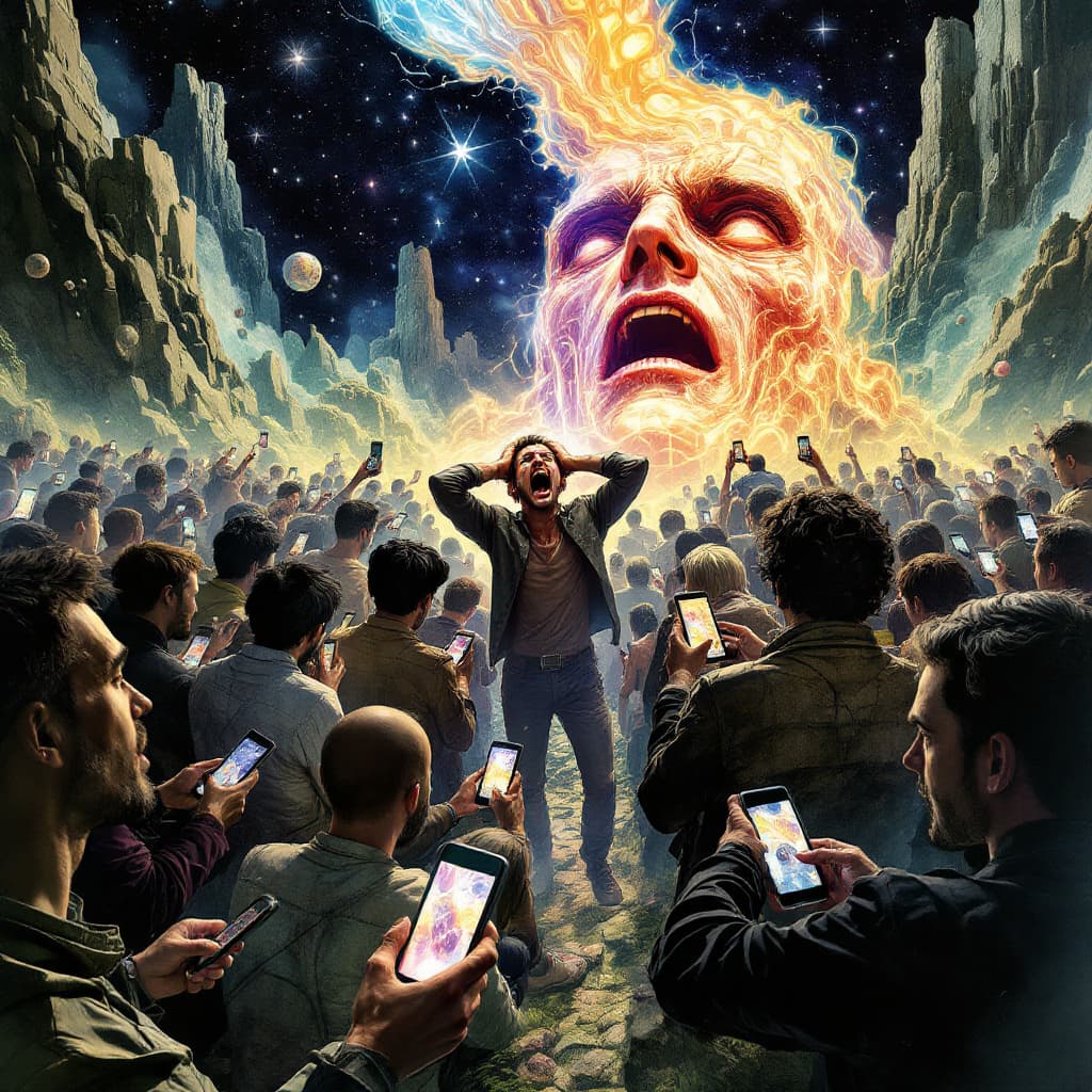 AI generated: A man in the middle of a crowd of people on their smartphones. The man is holding his head screaming...