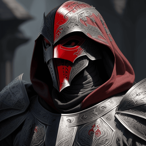 AI generated: closeup of knight from the Middle Ages in dragon scale armor, with face covered by shade of dark-red...