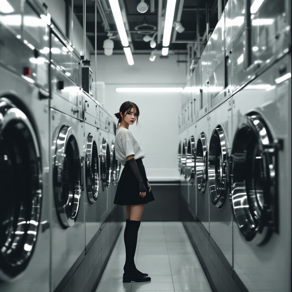 AI generated:  photography of laundryshop filled with laundry machines,A pertty female on black knee-length socks,...