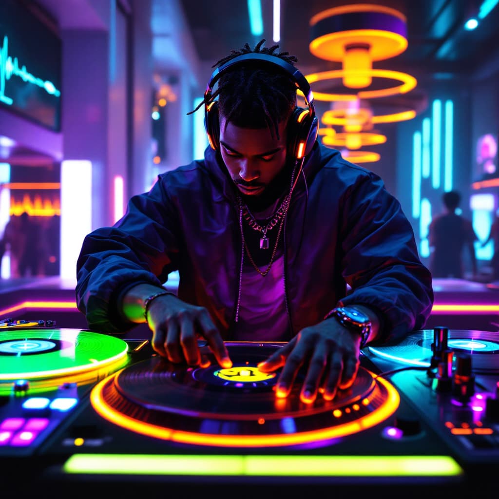 AI generated: A sleek digital DJ wearing streetwear headphones, spinning on a futuristic LED-lit turntable surroun...
