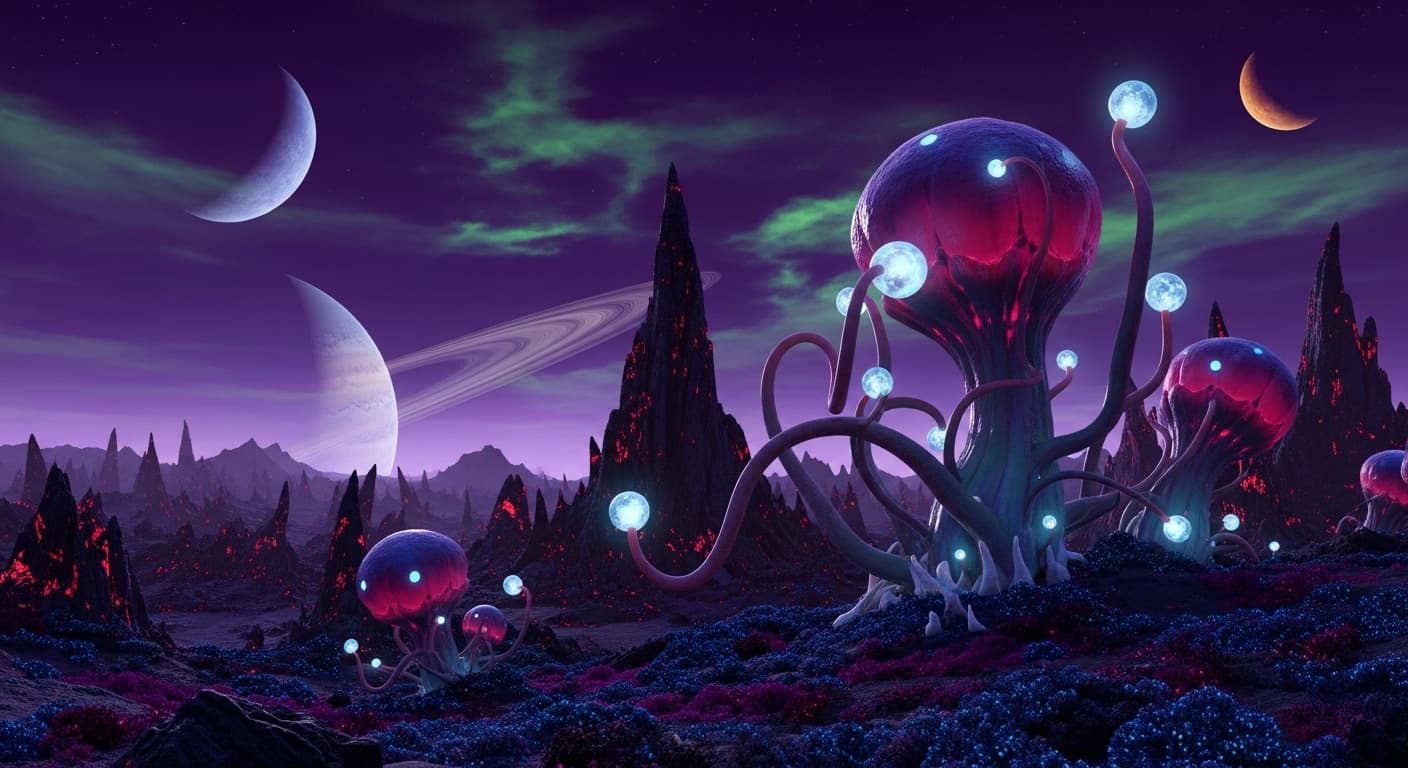 AI generated: a eerie landscape from a planet that is not our world, nothing is similar as it is on Earth. Some st...