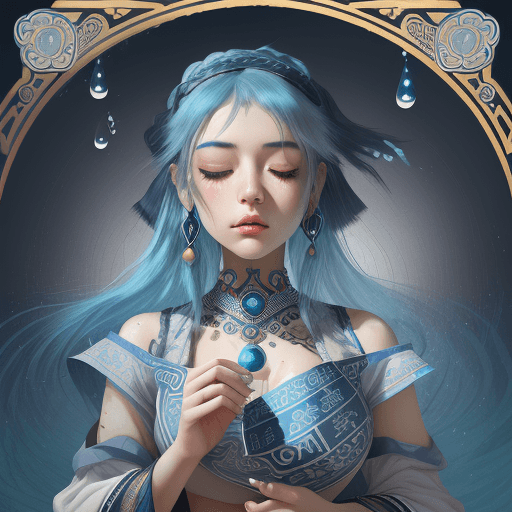 AI generated: a girl with blue hair with eyes closed, in the style of a fortune teller, gipsy clothes, water drops...