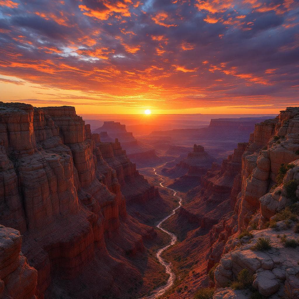 AI generated: A jagged canyon under a fiery sunset, long shadows stretching, warm earthy tones.